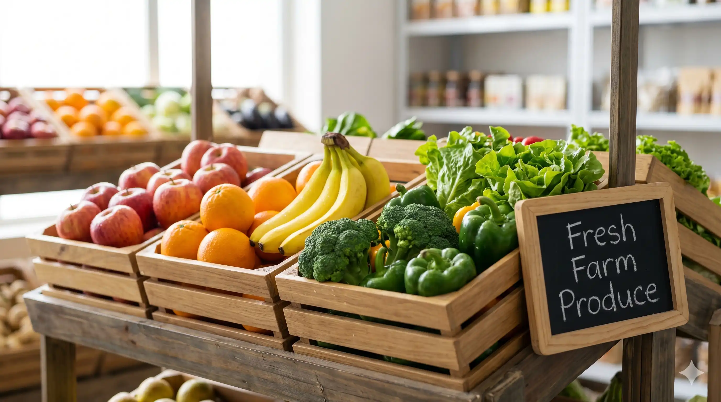 Fresh fruits and vegetables displayed at a general store franchise