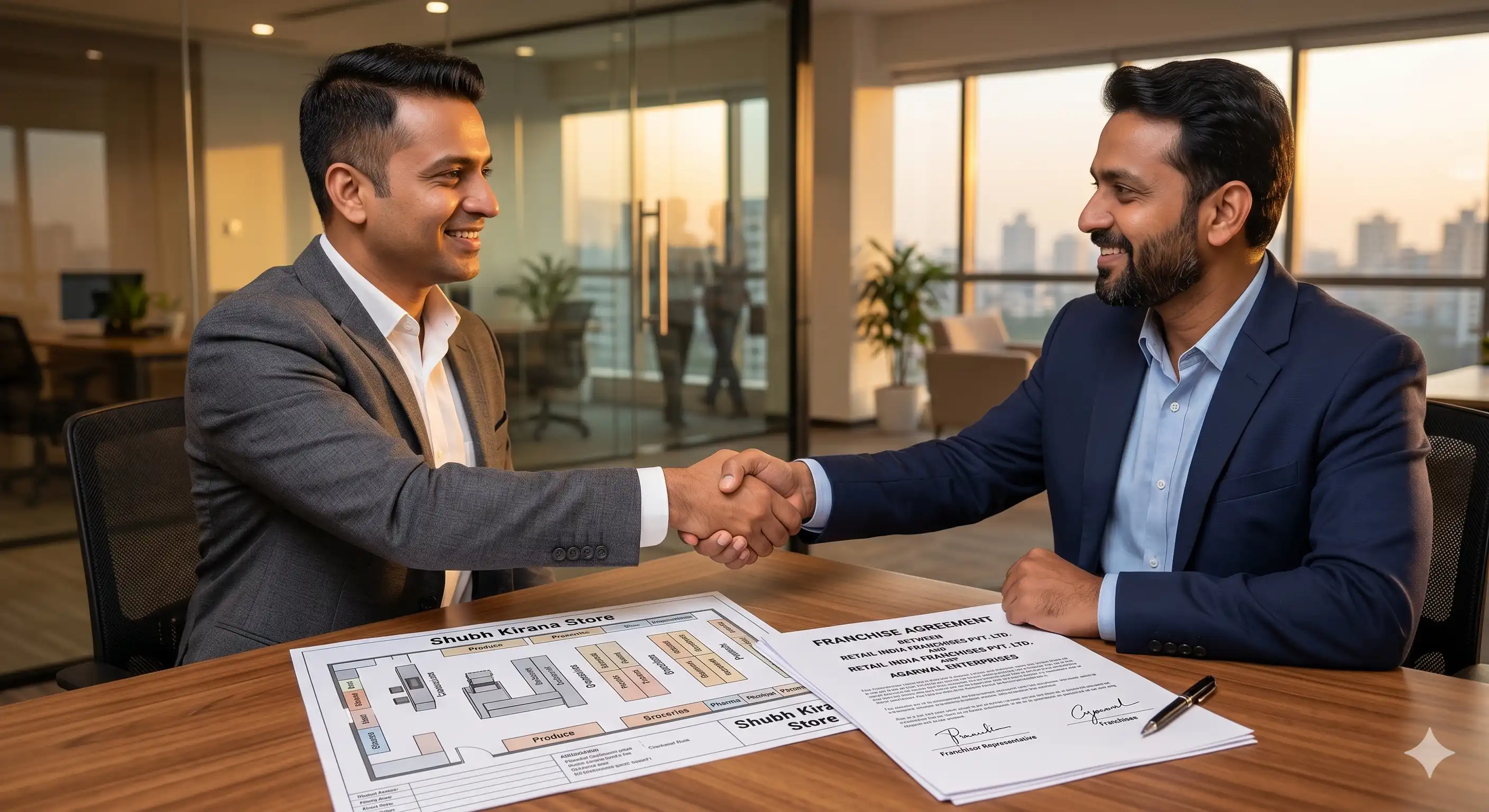 Business partnership handshake for a general store franchise