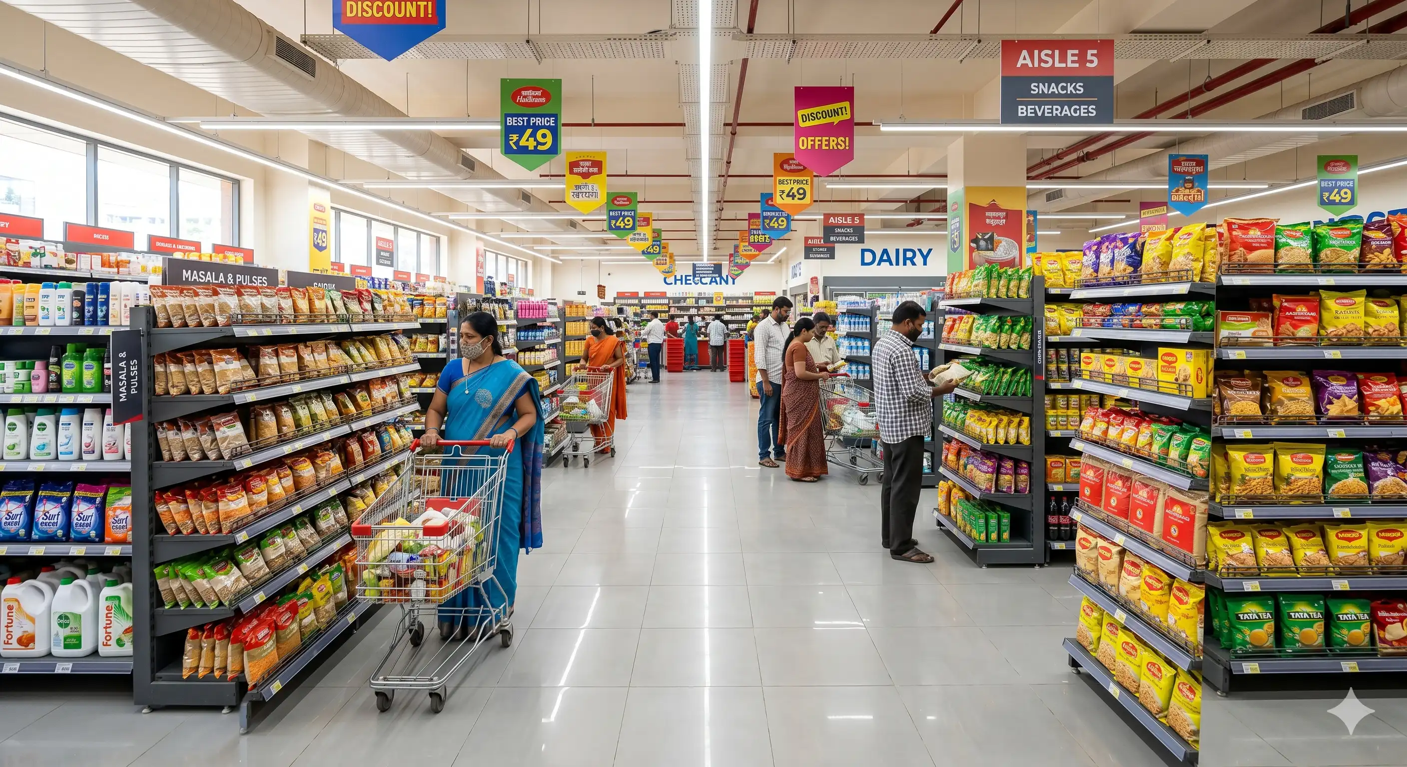 Modern general store franchise with wide aisles and stocked shelves