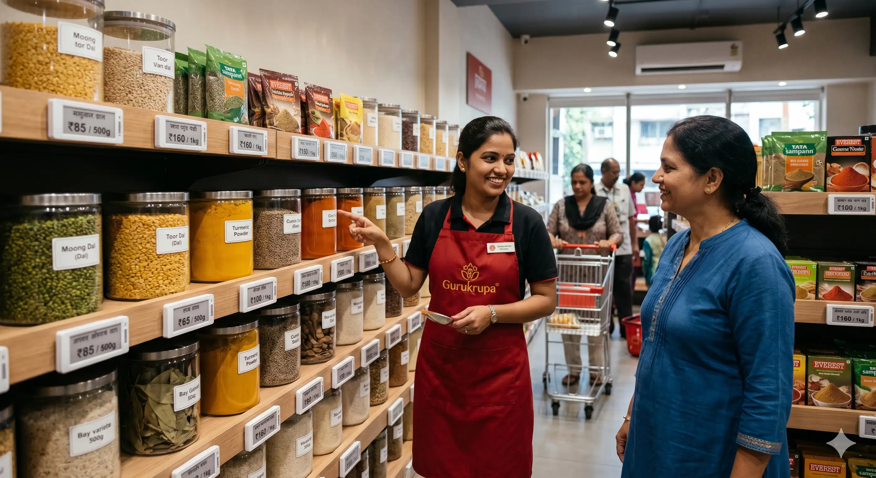 Gurukrupa store franchise interior with neatly arranged products and friendly staff